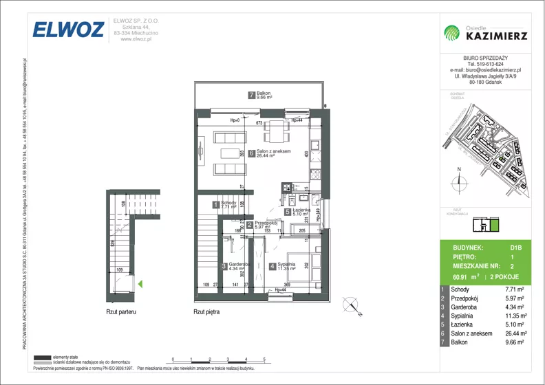 2 pokoje, mieszkanie 61,04 m², piętro 1, oferta nr D1B_2, Osiedle Kazimierz, Gdańsk, Orunia Górna-Gdańsk Południe, Maćkowy, ul. Władysława Jagiełły